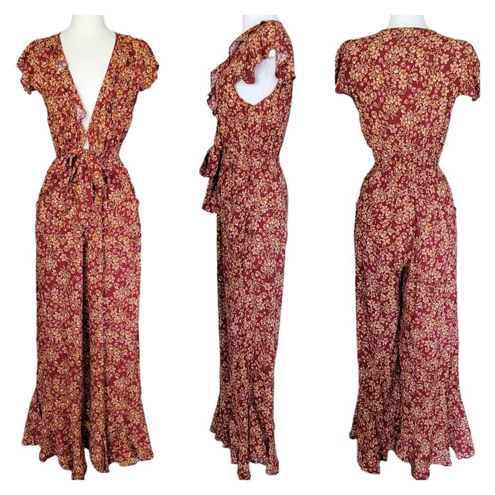 Kivari Quinn Tie Front Ruffle Jumpsuit Free People Capri Floral Jumpsuit